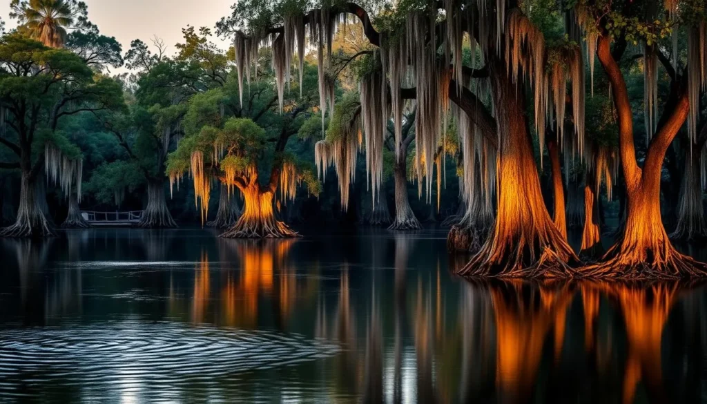 Generate an image of a serene Okefenokee Swamp landscape with cypress trees and Spanish moss.