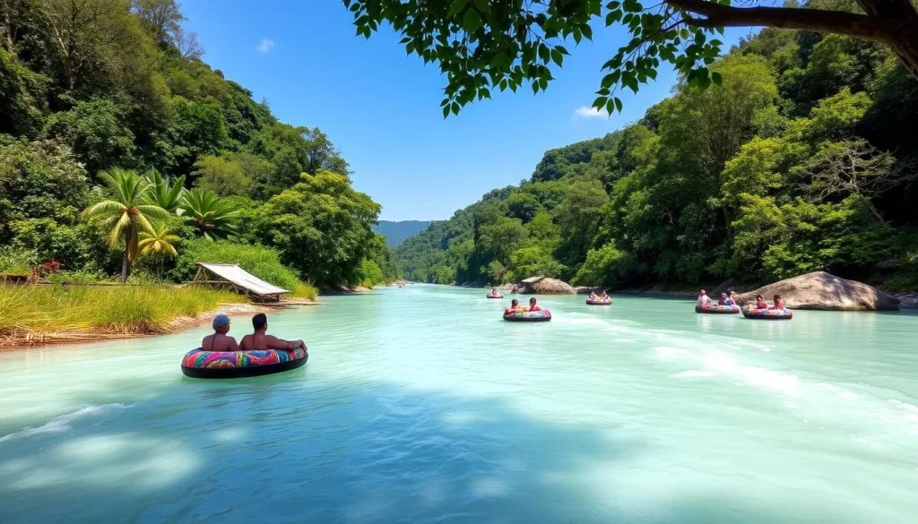 Generate an image of a serene White River with people tubing or bamboo rafting.