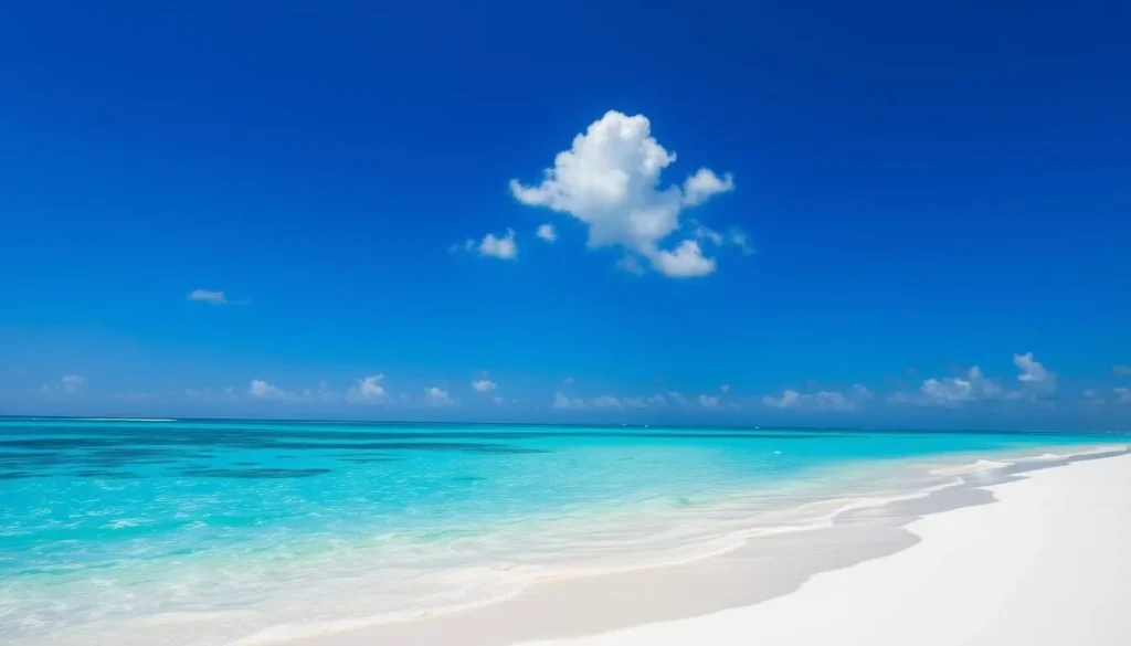 Generate an image of a serene beach on Rose Island with crystal-clear waters and powdery white sand.