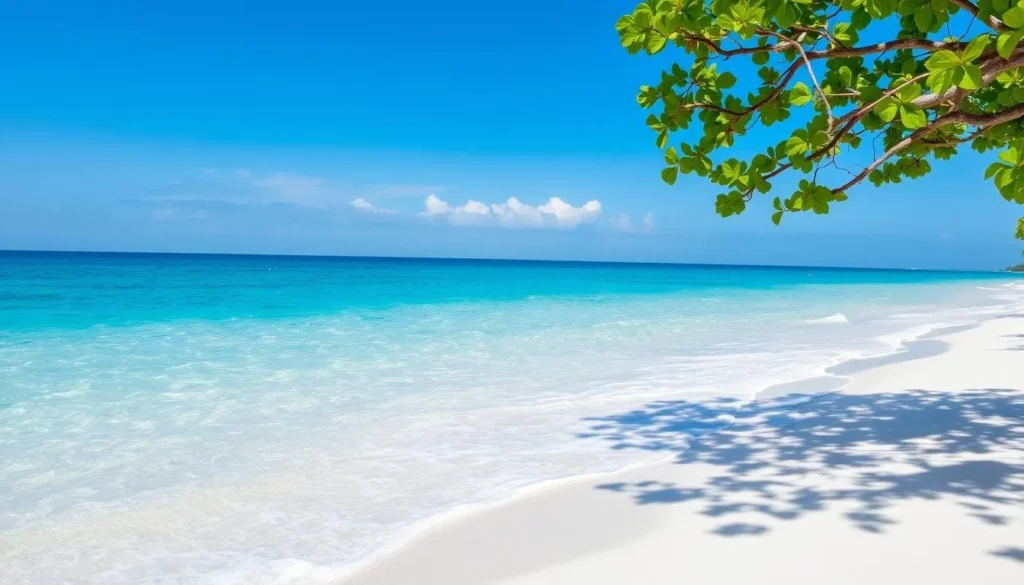 Generate an image of a serene beach scene at Rum Point, Grand Cayman, with crystal-clear waters and a relaxed atmosphere.