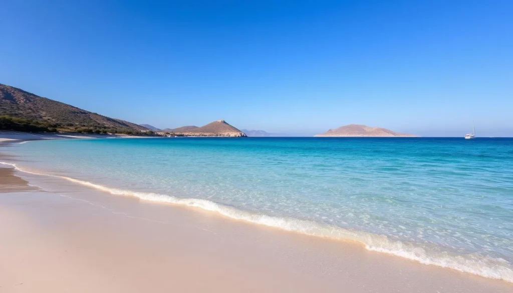Generate an image of a serene beach scene on Kos Island with clear waters and pale sand.