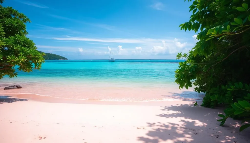 Generate an image of a serene beach scene with pink sand and calm turquoise waters, surrounded by lush greenery.