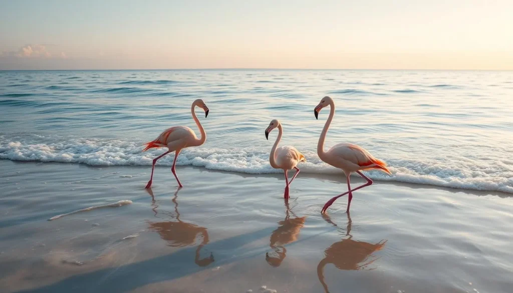 Generate an image of a serene beach with flamingos wading in the shallow waters.