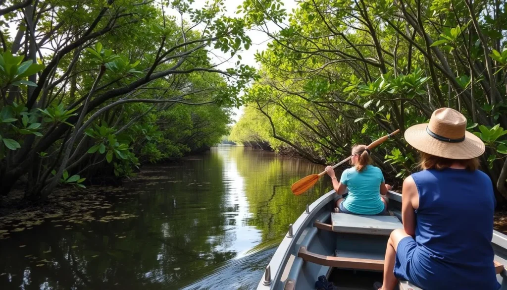 Generate an image of a serene boat ride through a mangrove-lined waterway with skilled guides pointing out unique plants and wildlife.