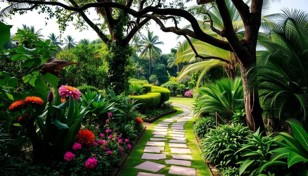 Generate an image of a serene botanical garden in Barbados with lush greenery and vibrant flowers.
