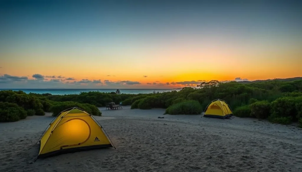Generate an image of a serene camping site on Fraser Island at dusk.