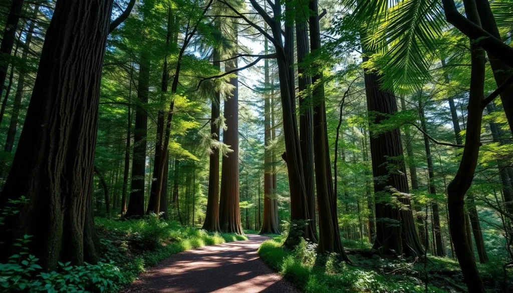 Generate an image of a serene forest path in Yakushima with ancient cedar trees.