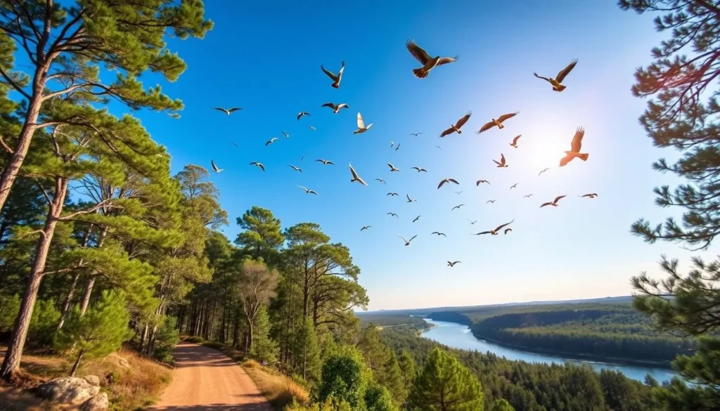 Generate an image of a serene forest trail leading to the Rio Grande River, with a variety of bird species flying overhead.