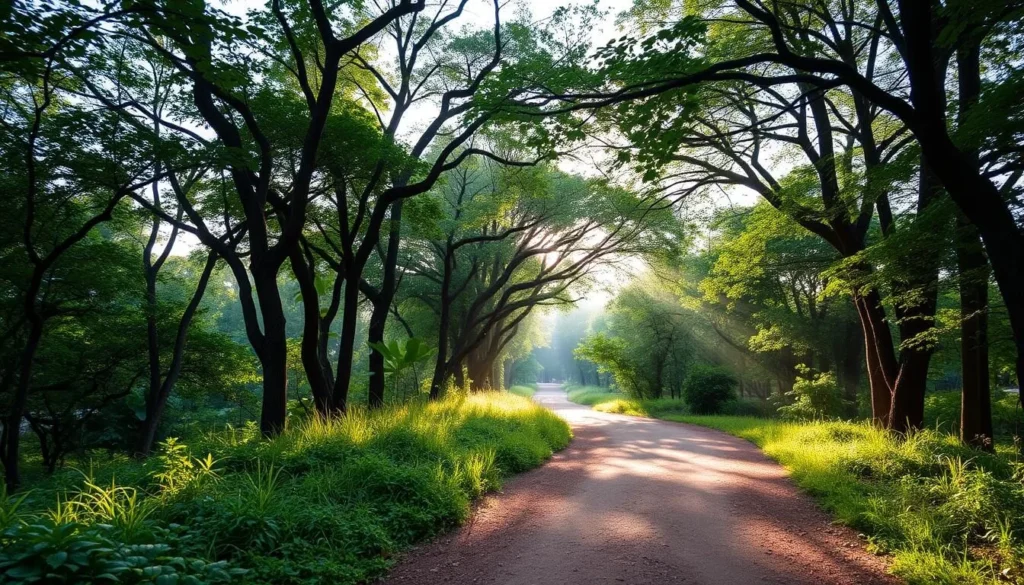 Generate an image of a serene forested path in Park Urbain Bangr-Weoogo, Ouagadougou Generate an image of a serene forested path in Park Urbain Bangr-Weoogo, Ouagadougou