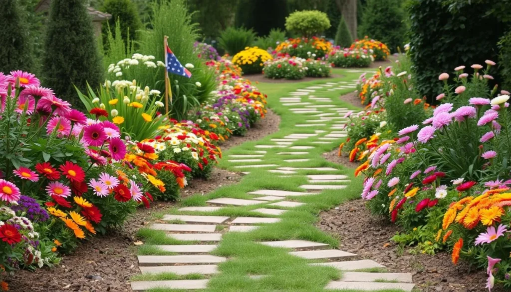 Generate an image of a serene garden with walking trails and vibrant flowers.