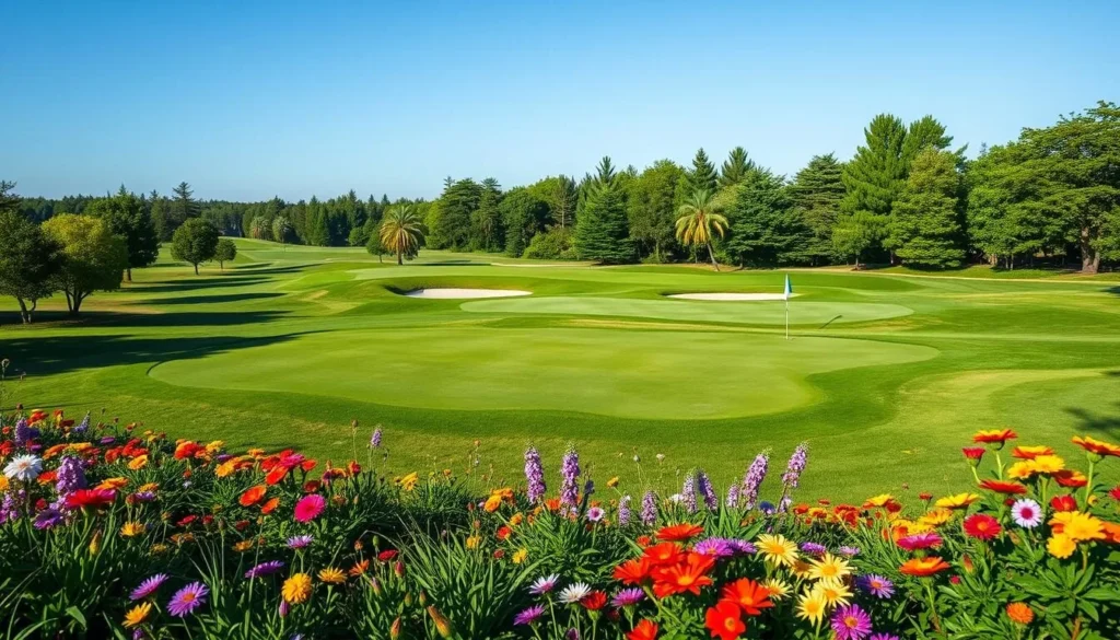 Generate an image of a serene golf course with a challenging layout.