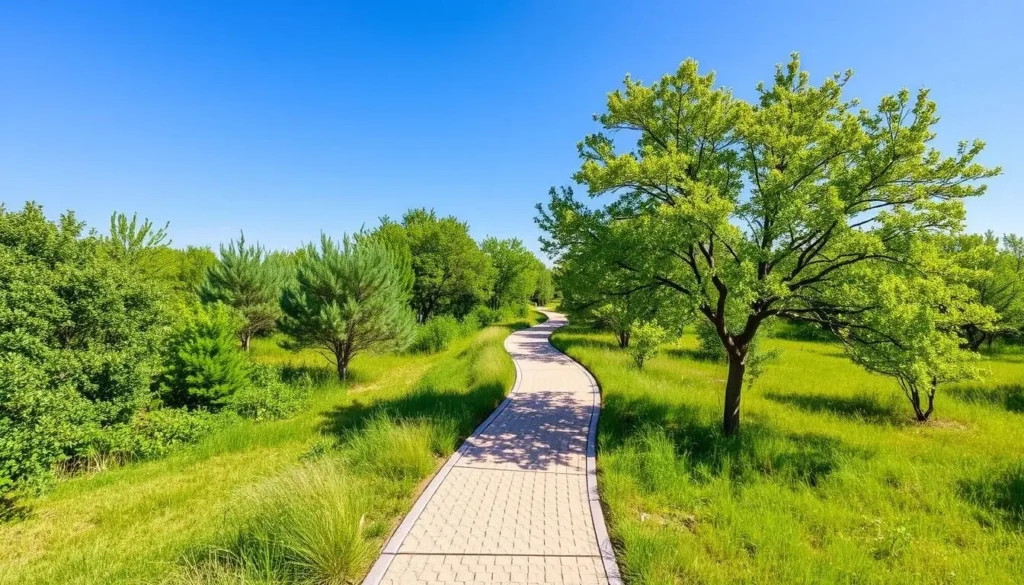 Generate an image of a serene hiking trail in Campion Trails, Irving Texas
