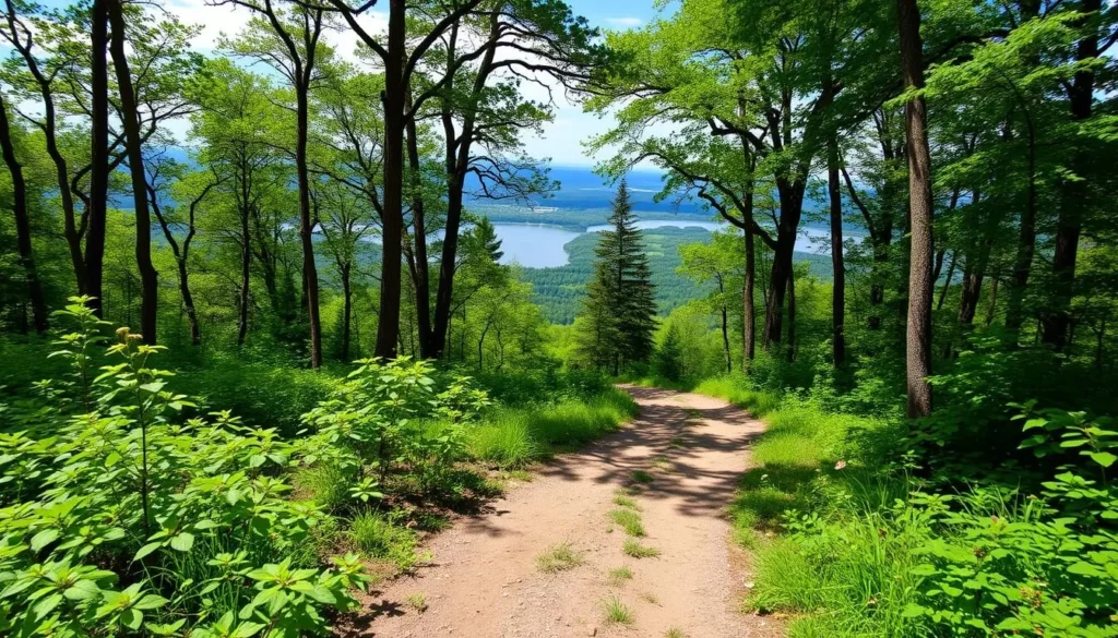 Generate an image of a serene hiking trail in Frankfort, Michigan, surrounded by lush greenery and scenic views.