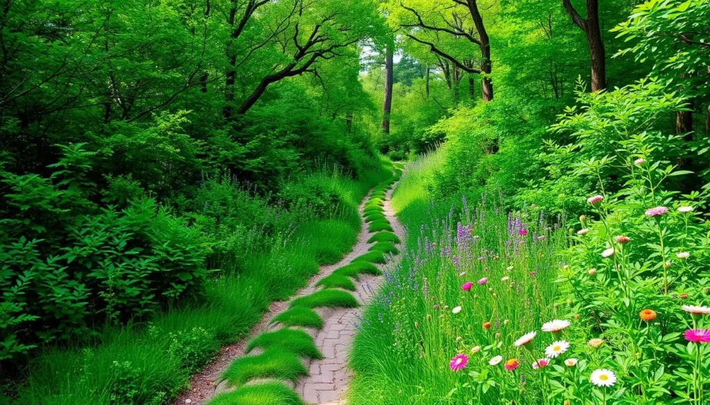 Generate an image of a serene hiking trail in The Hamptons, surrounded by lush greenery and wildflowers.