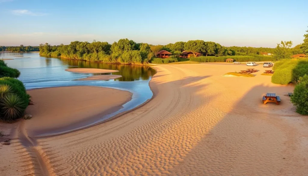 Generate an image of a serene inland beach scene with golden sand along a riverbank, surrounded by lush greenery and picnic areas.