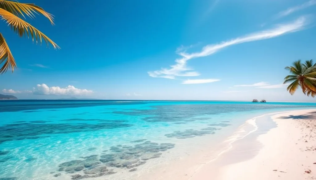 Generate an image of a serene island getaway with pristine white sand beaches and turquoise waters.