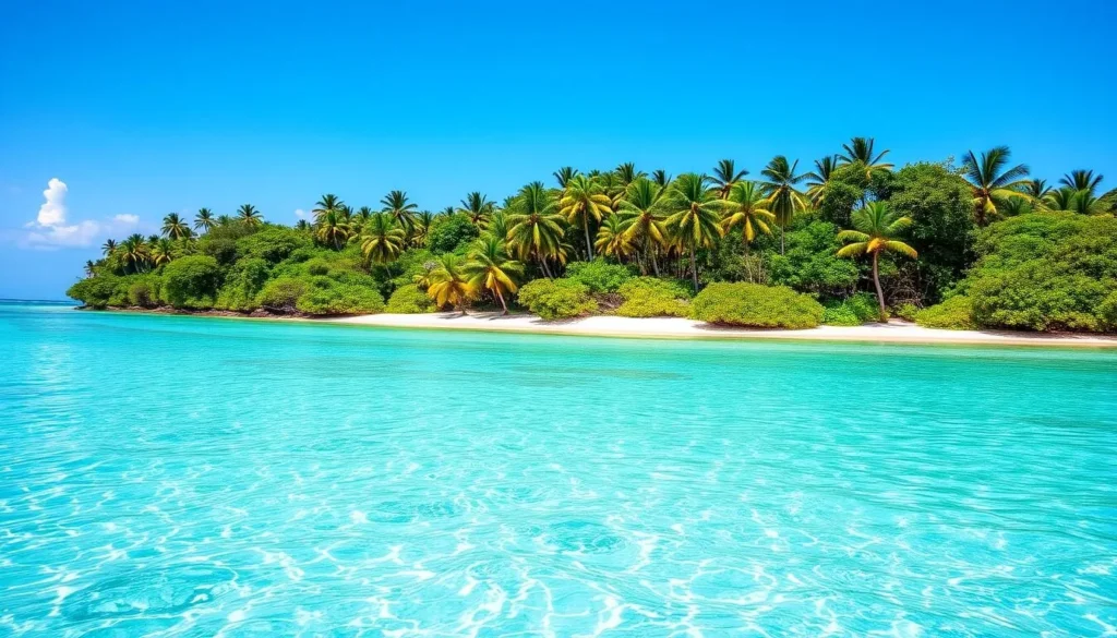 Generate an image of a serene island with turquoise waters and a sandy beach.