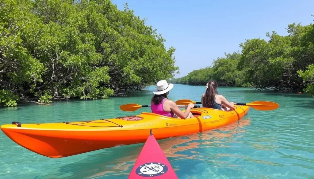 Generate an image of a serene kayaking tour through the Al Thakira Mangroves, with vibrant green mangroves and clear azure waters.