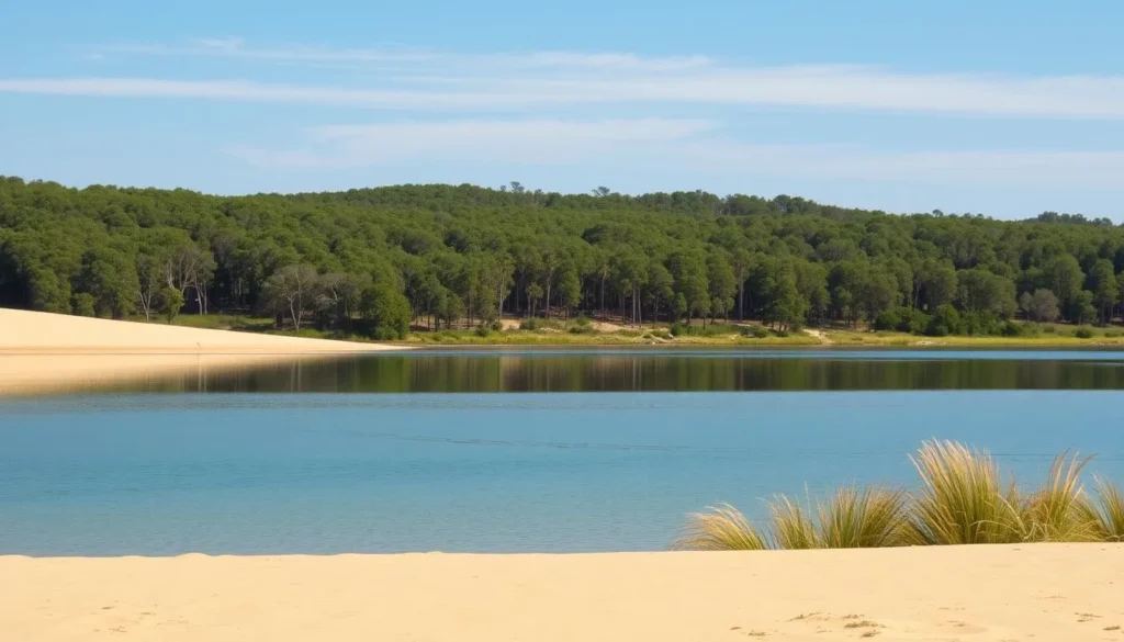 Generate an image of a serene lake surrounded by a massive sand dune and eucalyptus forest.