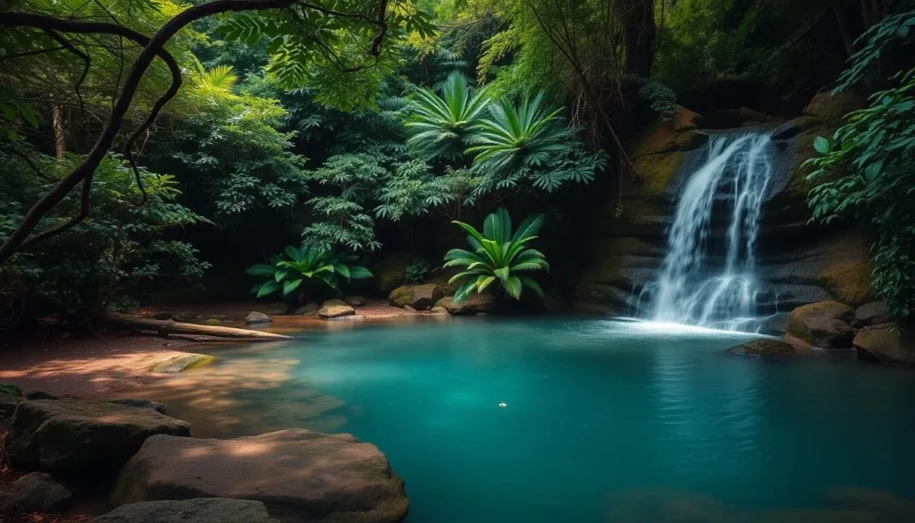 Generate an image of a serene natural pool surrounded by lush greenery and a waterfall.