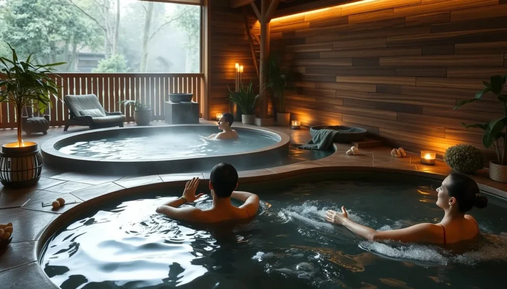 Generate an image of a serene onsen scene with guests relaxing in indoor cypress baths surrounded by natural elements.