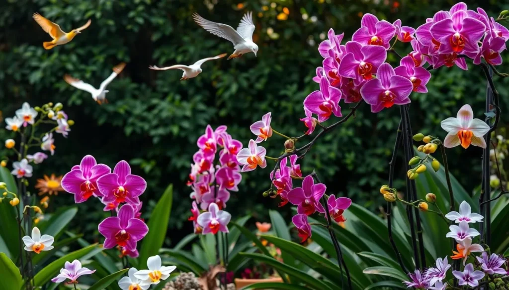Generate an image of a serene orchid garden with a variety of colorful orchids and a few birds flying around.