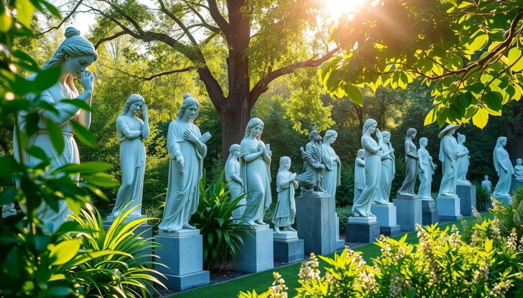 Generate an image of a serene outdoor setting with a variety of sculptures on display, surrounded by lush greenery.