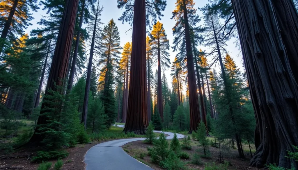 Generate an image of a serene path in Mariposa Grove surrounded by giant sequoias.