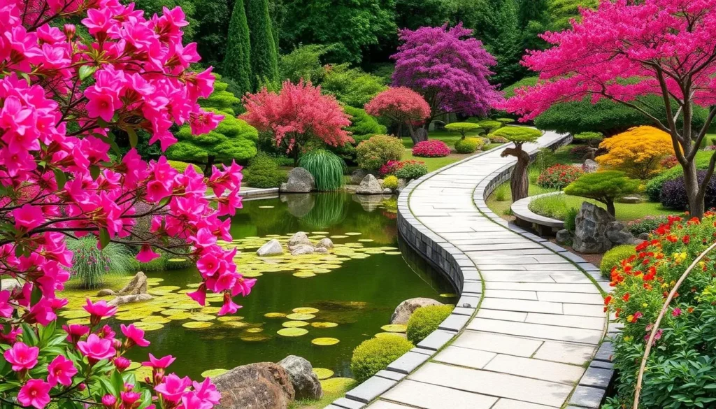Generate an image of a serene pathway in the Anderson Japanese Gardens, with a tranquil pond and blooming flowers.