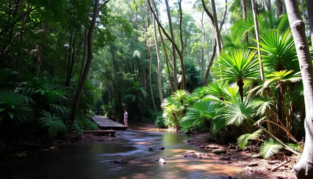 Generate an image of a serene rainforest walkway at Central Station, Fraser Island, with a crystal-clear creek running alongside.