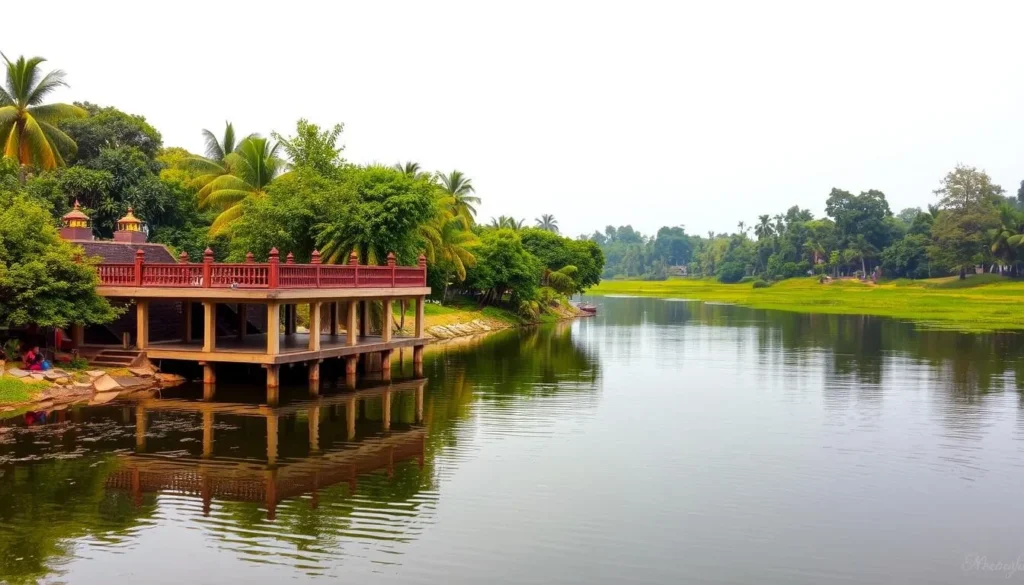 Generate an image of a serene riverside ghat with a calm water body and lush greenery surrounding it.