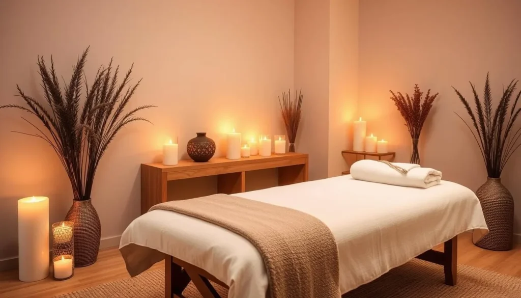 Generate an image of a serene spa environment with a tranquil ambiance, complete with candles and a relaxing massage table.