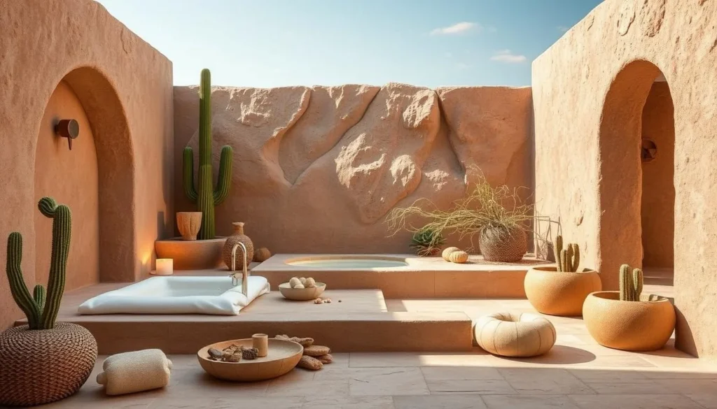 Generate an image of a serene spa environment with desert-inspired decor
