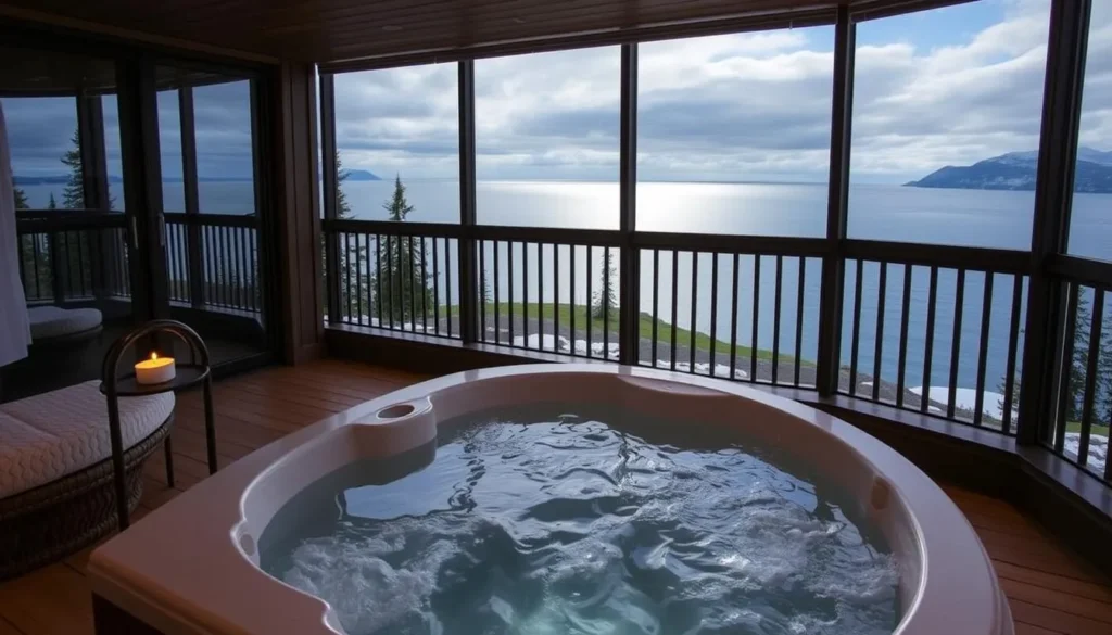 Generate an image of a serene spa setting at the Homer Inn & Spa, with a private hot tub overlooking the ocean.