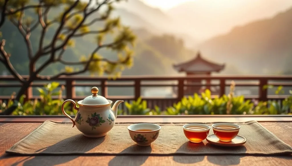 Generate an image of a serene tea ceremony in Huangshan City