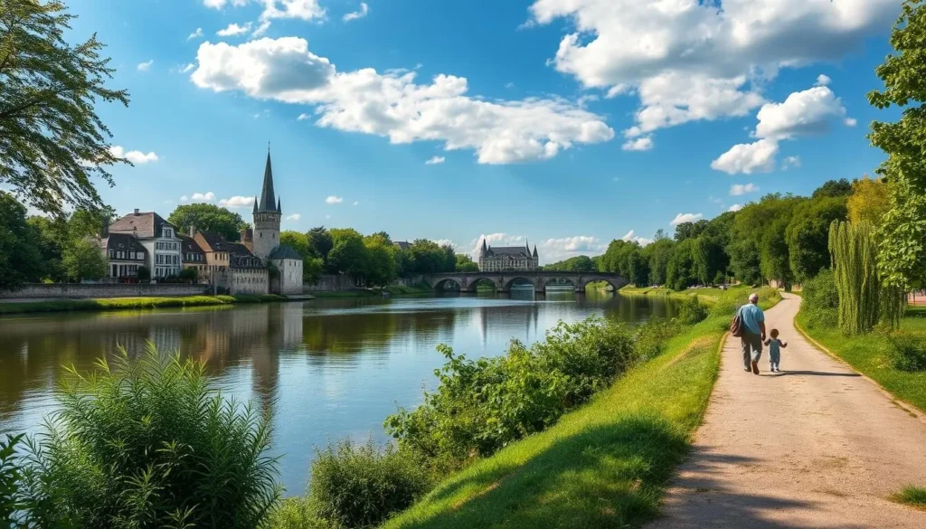 Generate an image of a serene walk along the Loire River banks in Tours, France.