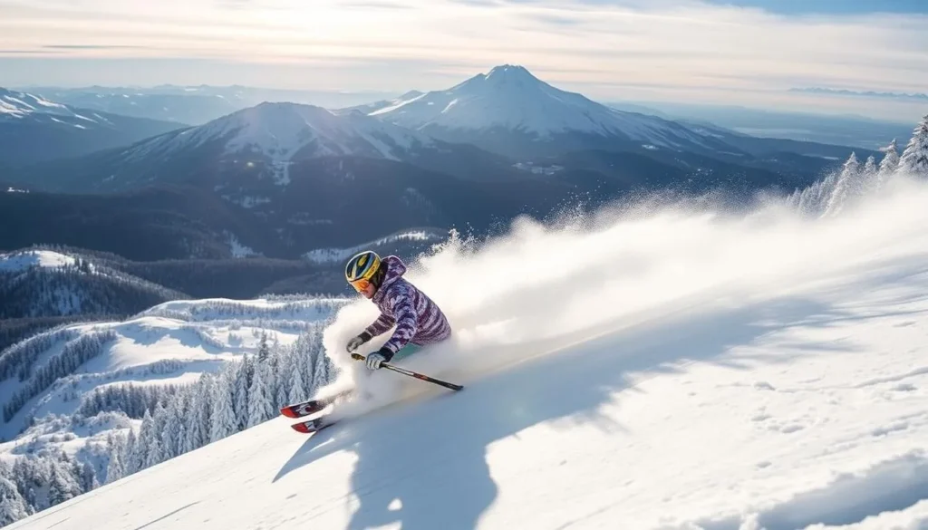 Generate an image of a skier in action at Mount Baker Ski Area.
