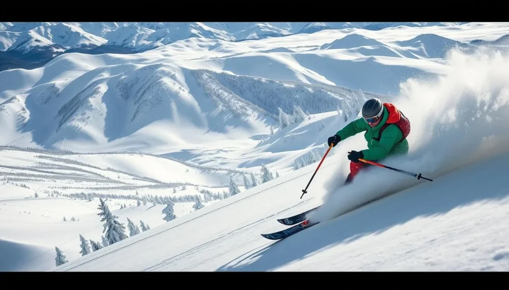 Generate an image of a skier navigating through challenging terrain at Silverton Mountain Ski Area.