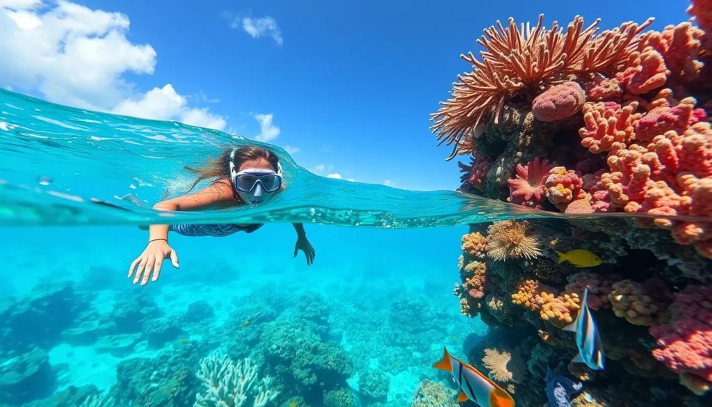 Generate an image of a snorkeler exploring Aruba's vibrant coral reefs. Generate an image of a snorkeler exploring Aruba's vibrant coral reefs.