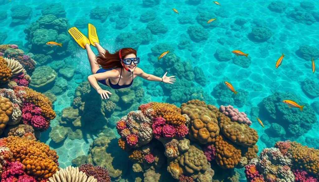 Generate an image of a snorkeler exploring the vibrant coral reefs of Rarotonga