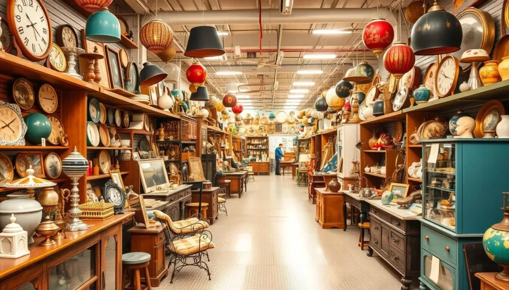 Generate an image of a spacious antique mall with numerous vintage items on display.