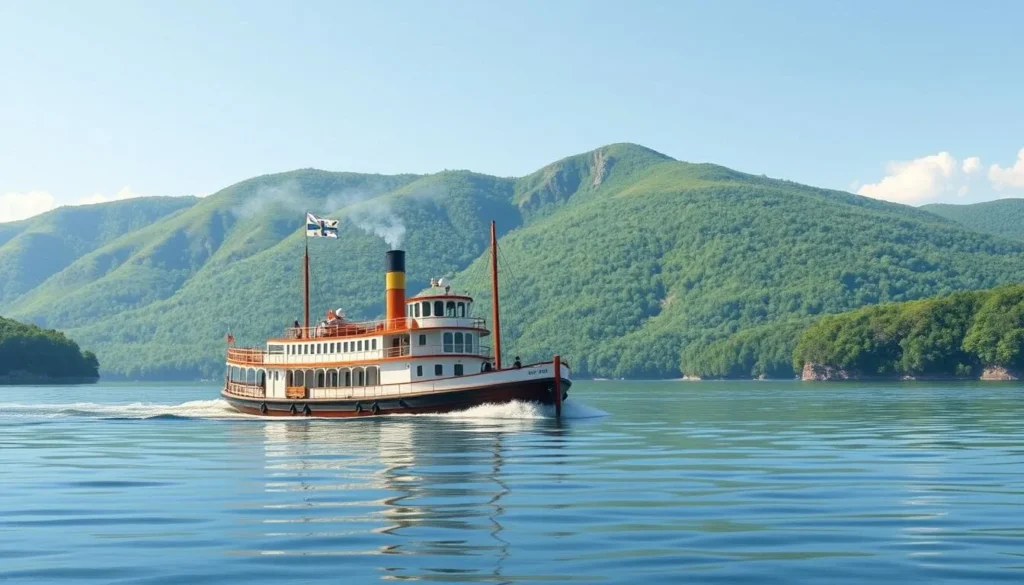 Generate an image of a steamboat cruising on Lake George
