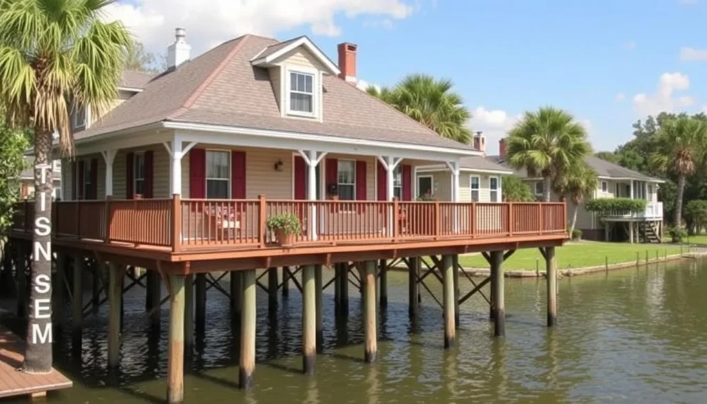 Generate an image of a stilted bed and breakfast perched above Lake Pontchartrain, featuring individually-decorated suites.