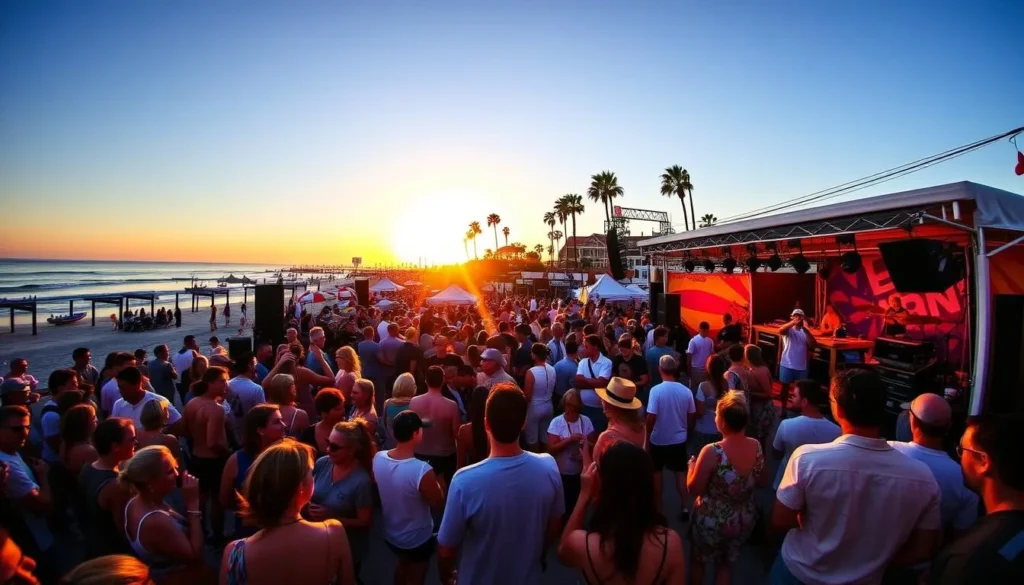 Generate an image of a summer concert at a beachside venue in Newport Beach.