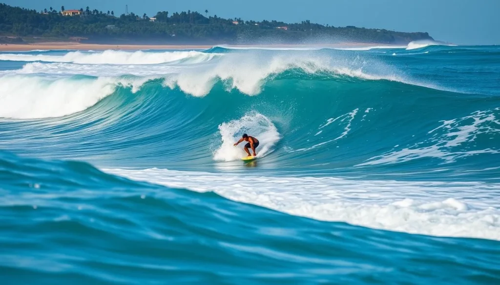 Generate an image of a surfer riding a wave in El Salvador