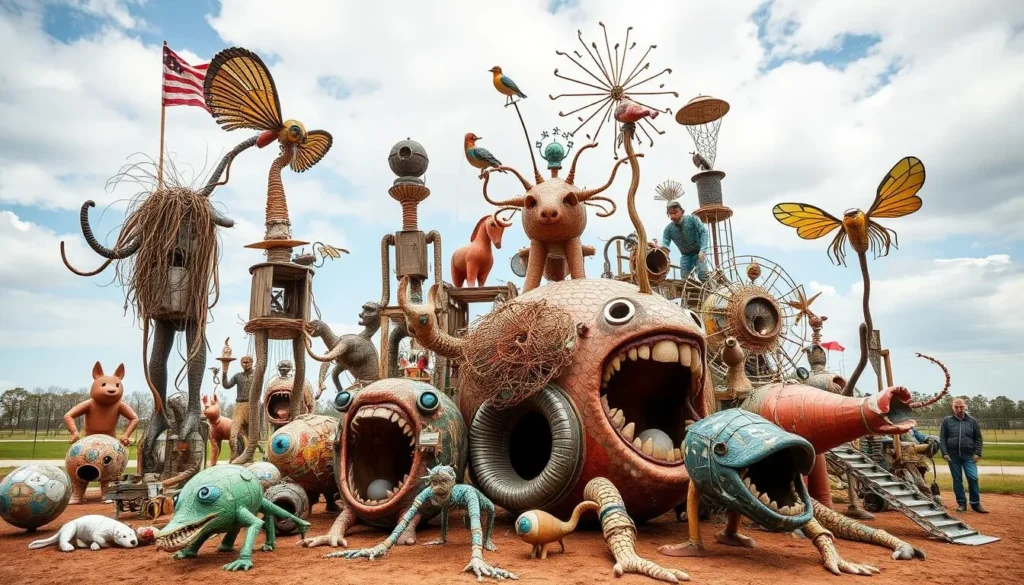 Generate an image of a surreal art installation made from recycled materials, with a variety of bizarre sculptures.