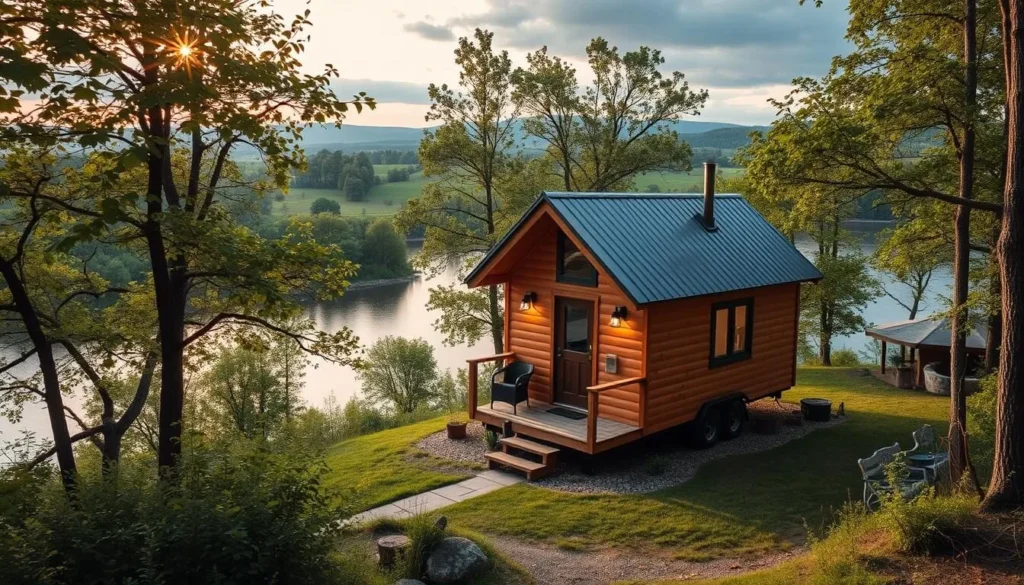 Generate an image of a tiny house or a glamping site in a beautiful Michigan setting.