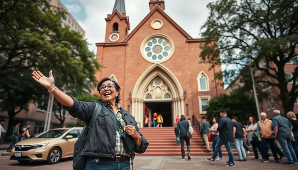 Generate an image of a tour guide standing in front of the 16th Street Baptist Church.