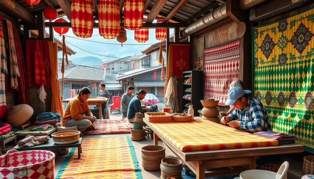 Generate an image of a traditional Bai tie-dye workshop in Zhoucheng Village