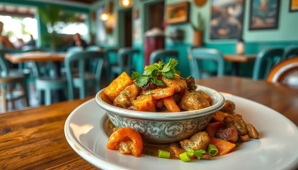 Generate an image of a traditional Bonairian dish being served at a local restaurant in Rincon.